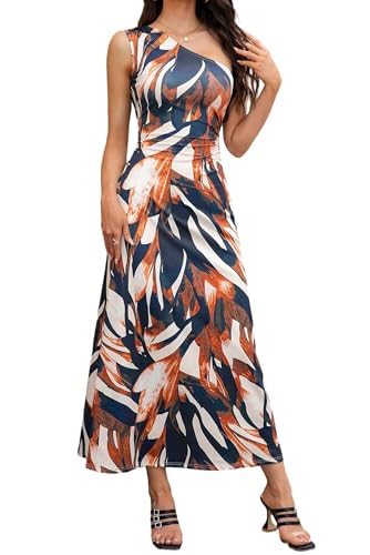 XIITYMU One Shoulder Dress for Women 2026 Summer Print Sleeveless Cut Out Ruched Party Bodycon Maxi Dresses Brown Medium