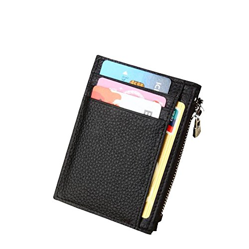 DcSpring Protezione RFID Porta carte di credito Slim in Vera Pelle Portafoglio Piccolo Portamonete Mini con Cerniera per Donna Uomo (Nero)
