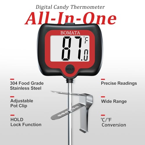 BOMATA Digital Candy Thermometer with Pot Clip, Deep Fry Oil Thermometer with Rotatable Display & Long Probe, for Candy Candle Making, Cooking, Food, Liquids, Water, Sugar.. Black