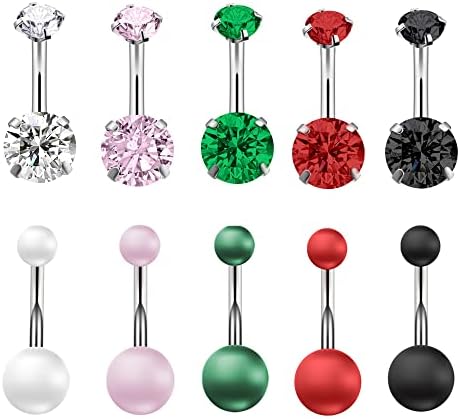 YAMHEK 14G Belly Button Ring Diamond Set Surgical Steel Navel Rings Peral Belly Rings Stainless Steel Navel Piercing with Heart AAAAA Zircon Body Piercing Jewelry for Women
