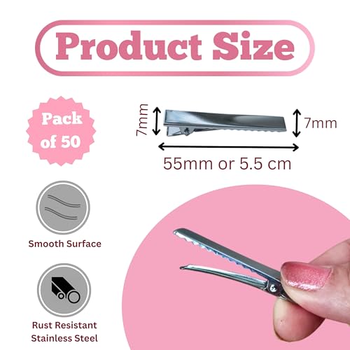 Image of ROSAURA (5.5 CM 50 Pcs) Alloy Steel Single Prong Alligator Hair Clips Base for DIY Hair Accessories, Barrette Hair Clips for Bow Making, Salon, and Hair Styling (Silver Flat)