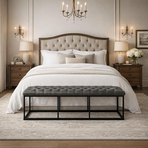Image of HomePop 52 inch Button Tufted Decorative Bench with Metal Base - Gray Faux Leather