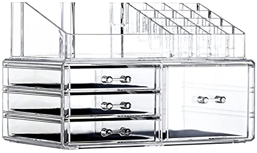 Cq acrylic Clear Makeup Storage Organizer Drawers Skin Care X Large Cosmetic Display Cases Stackable Storage Box With 5 Drawers For Dresser,Set of 2