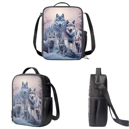 INSTANTARTS Wolf Family Schoolbag for Girls Backpack and Lunch Box Pencil Case Lightweight Bookbags 8-12 Kids Backpack Sets 3 Pcs Elementary School Bag3