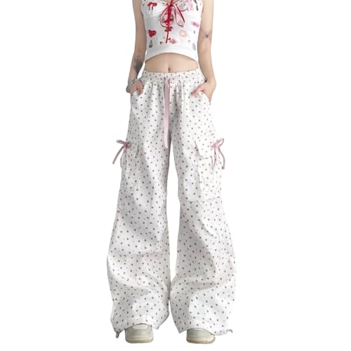 Hewlshawn Women Pants Casual Baggy Floral Pattern Drawstring Elastic Waist Wide Leg Trousers with Pockets2