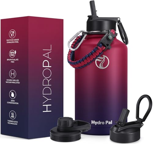 HydroPal Borraccia in acciaio inox, 750 ml/1 l/1,2 l/1,9 l, senza BPA, adatta per anidride carbonica, bottiglia isolata con cannuccia e 2 coperchi (rosso/nero, 1900 ml)