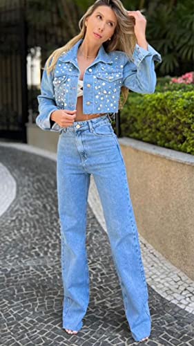 Jaqueta Cropped Jeans Bordada Pedraria Brilho (G)