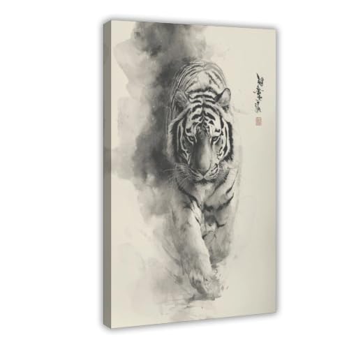 Peinture à l'encre japonaise tigre Sumi-e décoration murale salon 50x76 cm