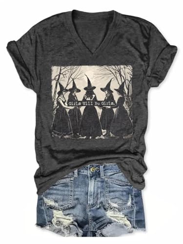 Halloween Shirts for Women Cute Wildflowers Graphic Tees Vacation Boho Tops Summer Loose Casual V Neck T Shirts (Dark Grey6, L)