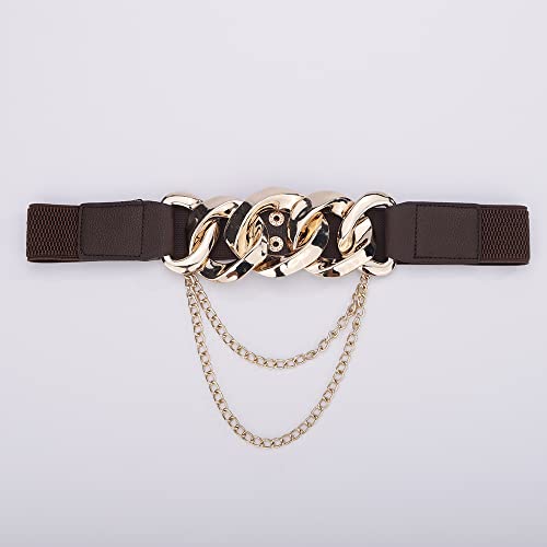 Jumwrit Brown Leather Elastic Belt Punk Rock Stretch Waist Belt for Dress Ladies Skinny Wide Chain Belt Gold Tassel Chain Waist Band for Women(Style 3)3