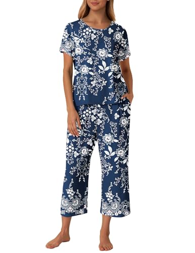 Image of Ekouaer Women's Two Piece Lounge Set Short Sleeve Shirt and Capri Pants Mumu Pajama with Pockets Loungewear Pjs Sets