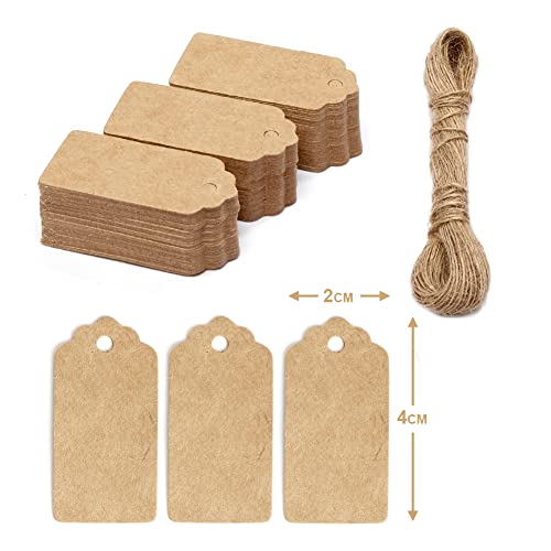 Box.it.pack.it Lot de 100 étiquettes cadeaux festonnées en papier kraft, marron, 4 x 2 cm, avec ficelle