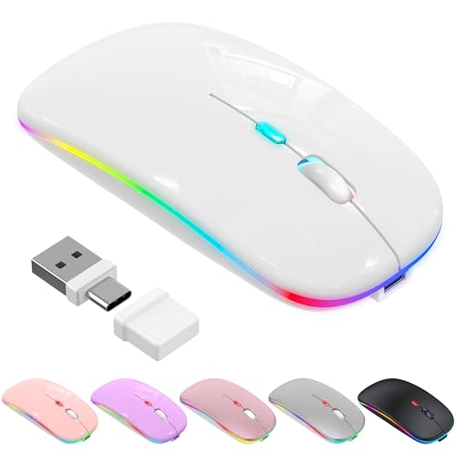 Azmall Kabellose Maus mit Jiggler-Modus – Bluetooth 5.2 & 2.4G Funk, für Laptop, PC, iOS, Android, iPad & Windows, 7-farbige LED & 1600 DPI optisch (Maus, WH)
