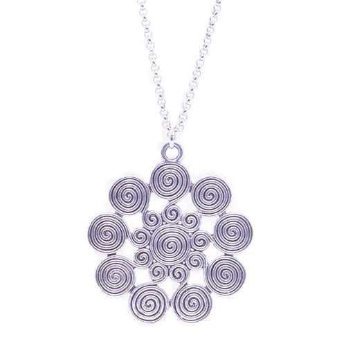 Collar espiral mujer celta y zamak bañado en plata antigua - Colgante mujer sol étnico boho - Colgante grande celta - Colgante amuleto talisman - Ideal para regalar (Cadena larga)