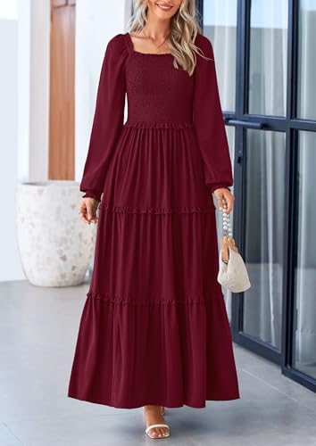 PRETTYGARDEN Fall Wedding Guest Dresses for Women 2025 Long Sleeve Square Neck Tiered A Line Modest Elegant Flowy Dresses3