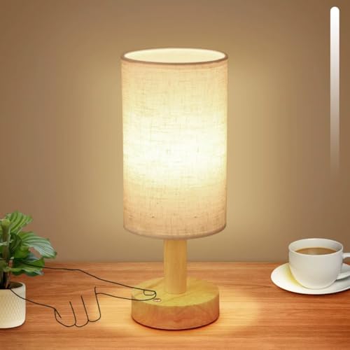 Rechargeable Cordless Touch Table Lamp with Stepless Dimming,Natural Wood Base&Linen Shade,Small...