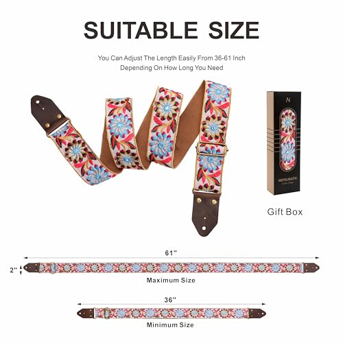 Image of Nefelibata Guitar Strap,Crazy Horse Leather Jacquard Embroidery Cotton Guitar Straps for Bass, Electric & Acoustic, Best Gifts for Guitarists(Retro White Daisy)