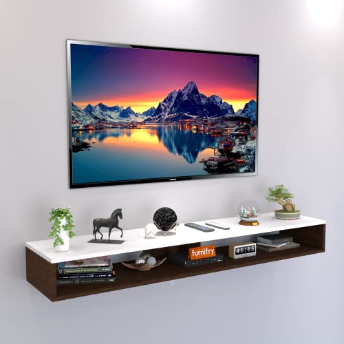 PLANTZY Wooden Wall Mounted Floating TV Stand/TV Entertainment Unit/TV Cabinet with Rack for Set Top Box & Decorative Objects/TV Stand Unit for Living Room with Shelf (120x21x11 cm,White Walnut)