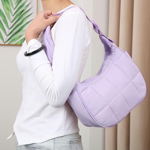 Image of Small Puffer Crescent Underarm Shoulder Bag for Women, Nylon Quilted Purses Handbags with Adjustable Strap, Purple