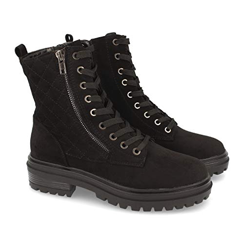 Botin Plano para Mujer, Comodos, con Estampado Liso, Adornado con Cremallera, y Cierre de Cordones, Otono Invierno 2020. Talla 36 Negro Cover
