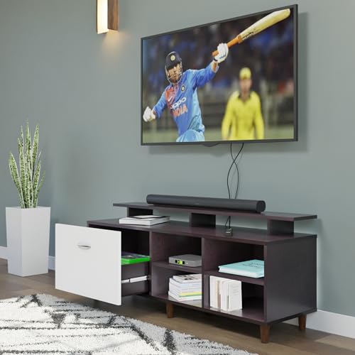 Image of VIKI Modern TV Unit for Living Room | Engineered Wood TV Cabinet with 1 Drawer Storage, 2 Open Shelves & Extension, Entertainment Unit, 140W x 48H x 40D cm | DIY | 1 Year Warranty (Wenge & White)