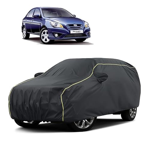 Image of Sulfar 100% Water Resistant Car Body Cover Compatible with Mirror for Hyundai Verna (Triple Stitched, Full Bottom Elastic, Dark Grey Taffeta with Yellow Piping)