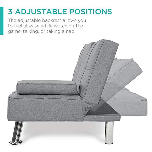 Best Choice Products Linen Upholstered Modern Convertible Folding Futon Sofa Bed For Compact Living Space, Apartment, Dorm, Bonus Room W/Removable Armrests, Metal Legs, 2 Cupholders - Gray #TOP1
