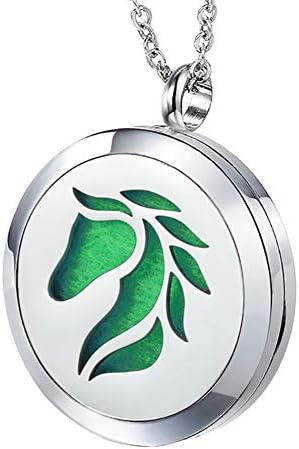 Popeoiuh Essential Oil Diffuser Necklace -Aromatherapy Jewelry Stainless Steel Horse Animal Locket Pendant with 24" Chain 8 Pads -Birthday Christmas Jewelry Gift for Women Men