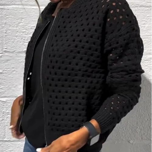 Womens Zip Up Crochet Cardigan Sweater, Women's Casual Hollow Knitwear Zipper Jacket, Fishnet Knit Shrugs Sweater Jacket4
