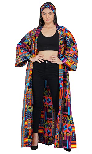 Women\'s Long Kimono Robe, 2 Deep Pockets with Matching Headwrap, African Trench Coat, Kente Cardigan Jacket Afrocentric