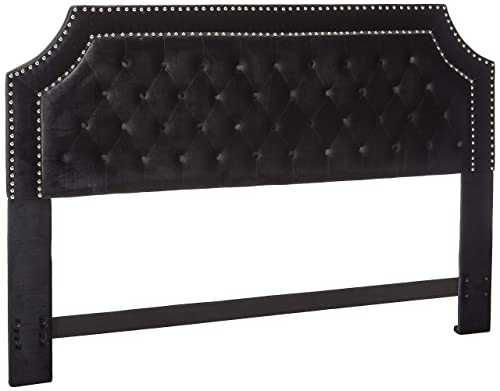 Iconic Home Chava Headboard Velvet Upholstered Button Tufted Double Row Silver Nailhead Trim Modern Transitional, King, Black #TOP6