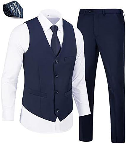 WOMS Suit for Men Formal Wedding Tuxedos for Groomsmen 2 Pieces Slim Fit Blue Suits Vest Pants Set with Tie Size S