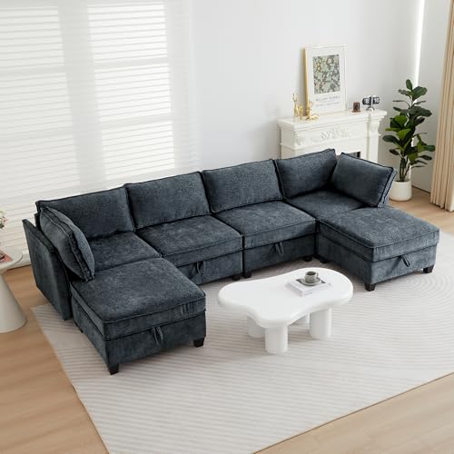 Image of ORRD Oversize Modular Sectional Sofa Set, Convertible U Shaped Couch with Storage, 6 Seater Sofa Modular with Ottomans and Reversible Chaise for Living Room, Office (Blue Grey)