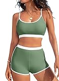 Herseas Women's High Waisted Bikini with Shorts 2 Piece Full Coverage Swimsuits Color Block Sporty Tummy Control Bathing Suit Tanning Retro Swimwear Army Green Large