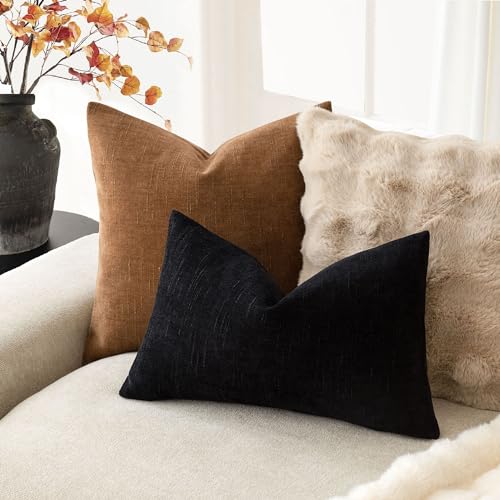 Image of Foindtower Pack of 2 Soft Textured Chenille Throw Decorative Pillow Covers Lumbar Accent Solid Cushion Cover Cozy Farmhouse Pillow Case with Zipper for Couch Sofa Bedroom Living Room 12x24 Inch, Black