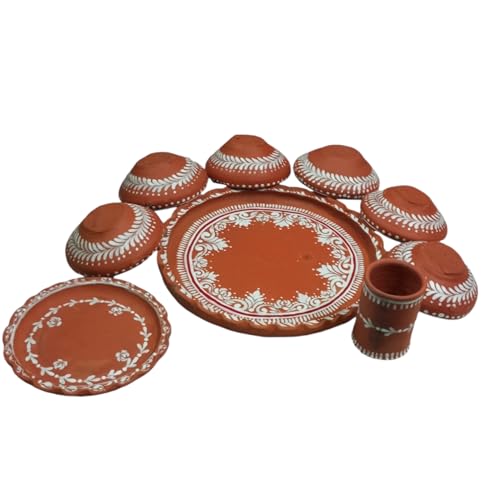 Image of Terracotta Dinner Thali Set - 9 Pc Handmade Clay Earthenware Tableware | Eco-Friendly Traditional Dinnerware | Aiburo Bhaat Rice Feeding Ceremony Special Set