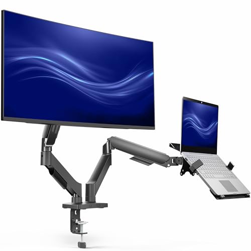 Image of VIVO Universal Adjustable Monitor and Laptop Desk Mount, 17 to 32 inch Monitors, 10 to 15.6 inch Laptops, Dual Mechanical Arm VESA Notebook Stand with C-clamp and Grommet Options, Black, STAND-V002O-L