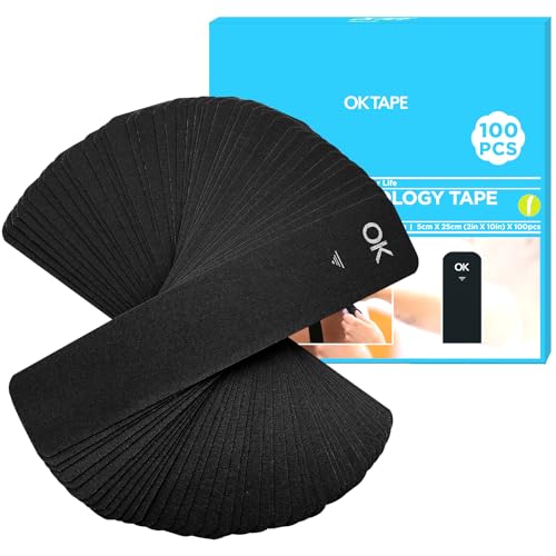 Image of OK TAPE 100Pcs Precut Kinesiology Tape Strips, Elastic Athletic Tape | for Joints Support & Muscle Pain Relief, Waterproof, Kinetic Tape for Shoulder, Knee, Ankle (Black, 2 inch x 10 inch)