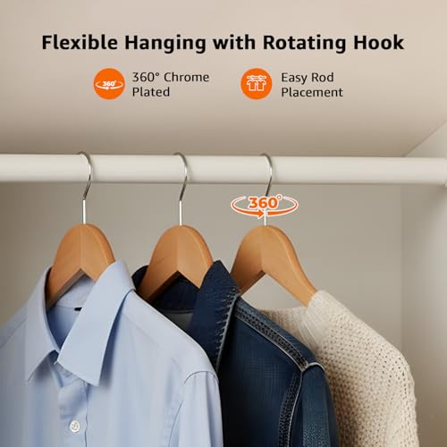 Image of Amazon Basics Wooden Hangers - Glossy Finish, Natural Wooden Color, Chrome Hook, 360 Rotation, Pant Bar, 5kg Load Capacity, Pack of 20 (Size: 44.5L x 23H x 1.2W cm)