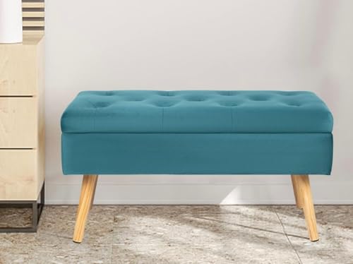 Image of Upholstered Storage Bench Ottoman for Bedroom & Living Room | Tufted End of Bed Bench with Hidden Storage | Compact Entryway Seating Bench with Wooden Legs | Multipurpose Sofa Bench Stool, Teal Blue