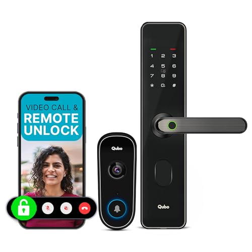 Qubo Smart Door Lock Select (Black) with Video Call Doorbell Connect | Answer Your Door from Anywhere – See, Speak & Unlock | 4 Bolts + Deadbolt Secur