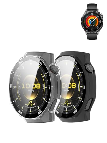 Case for Huawei Watch GT 6 Pro 46mm Smart Watch,UYRUREL PC Shell+Tempered Glass Integrated Design,Anti Fall and Scratch Resistant, High-Definition and Transparent,Black+Clear，2 Pack