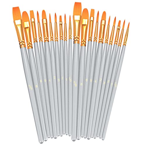 Image of BOSOBO Paint Brushes Set, 20 Pcs Small Paint Brush Kit Round Flat Tip Nylon Hair, for Acrylic Painting, Watercolor, Oil Painting, Kids Face Nail Art Canvas Rock Craft, Art Supplies, Silver Gray