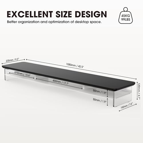 Image of Fenge 42.5 inch Dual Monitor Stand with Clear Acrylic Legs, Black | Clear Acrylic, Storage Compartment, 2-tier Home Office Monitor Riser, Wide Large Desktop Shelf Fit Monitor /Laptop /Printer