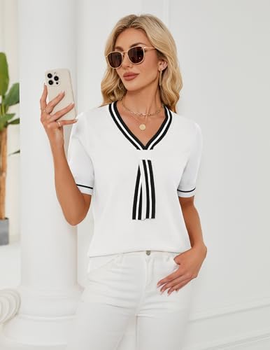 Image of Libsorge Womens Lightweight Cute Bow Tie Sweater Spring 2026 Business Casual Outfits V Neck Short Sleeve Tops