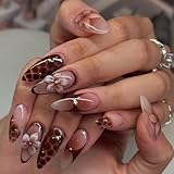 24 Pcs Clear Press on Nails Short Almond Nail Tips,YEFIUO Summer Fake Nails Press ons French Glue on Nails Acrylic Nail Art Kit Full Cover Reusable False Nails 3D Flower Snake Pattern Design for Ma'am
