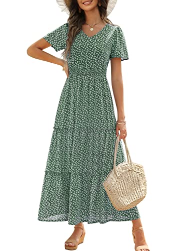 Zattcas Womens 2025 Long Summer Dress Short Flutter Sleeve V Neck Casual Smocked Tiered Modest Floral Boho Maxi Dress