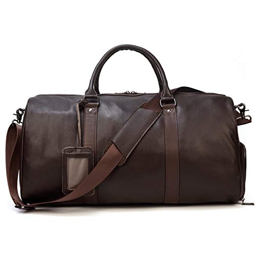 Leather Large Travel Duffle Bag with Shoes Pouch+Shoulder Strap, Weekend Overnight Tote Bag Litchi Pattern Luggage Handbag Sports Overnight Gym Luggage Weeke(Coffee Color)3