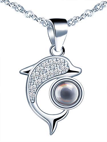 CPSLOVE Collar de delfín lindo de plata 925 para mujer, Colgante de piedra de vidrio con proyección de"Te amo" en 100 idioma, regalo de cumpleaños de Navidad y de San Valentín Cover