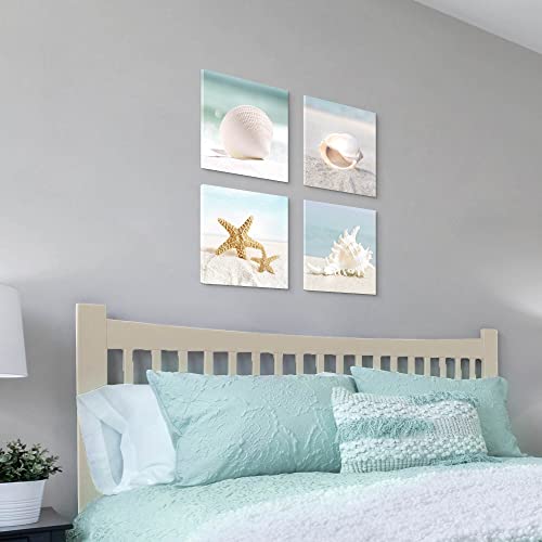 Coastal Seashell Picture Wall Art - Beach Themed Canvas Print Relaxing Seascape Artwork Contemporary Calming Seaside Starfish Conch Nature Photography Summer Blue Sea Ocean Scenery Painting For Bathroom Bedroom Office #TOP4